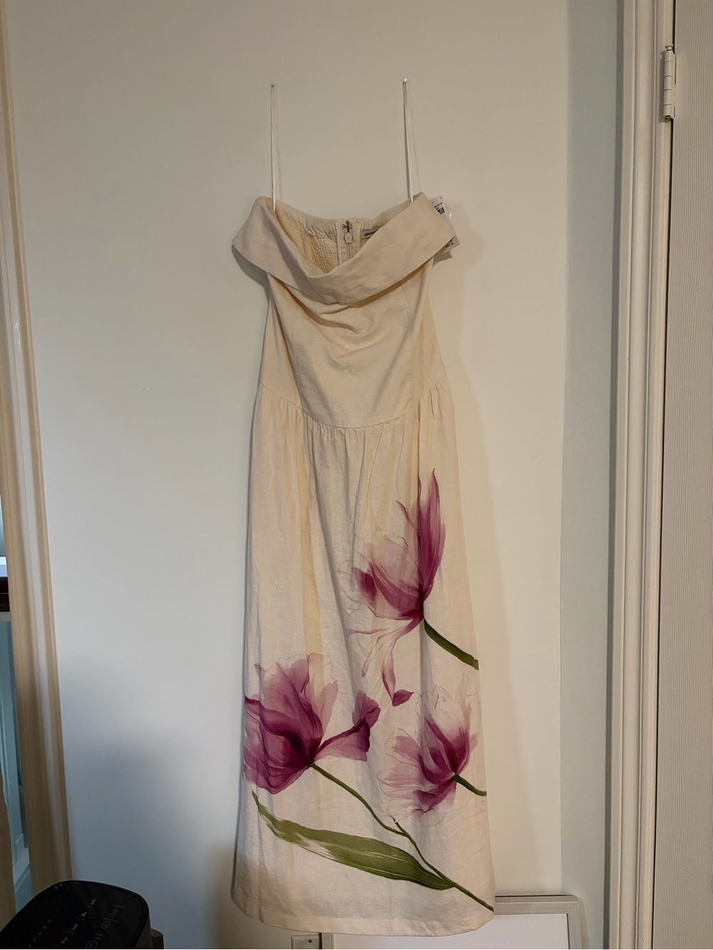 Ivory drop waist linen Maxi Dress with Pink Floral Print